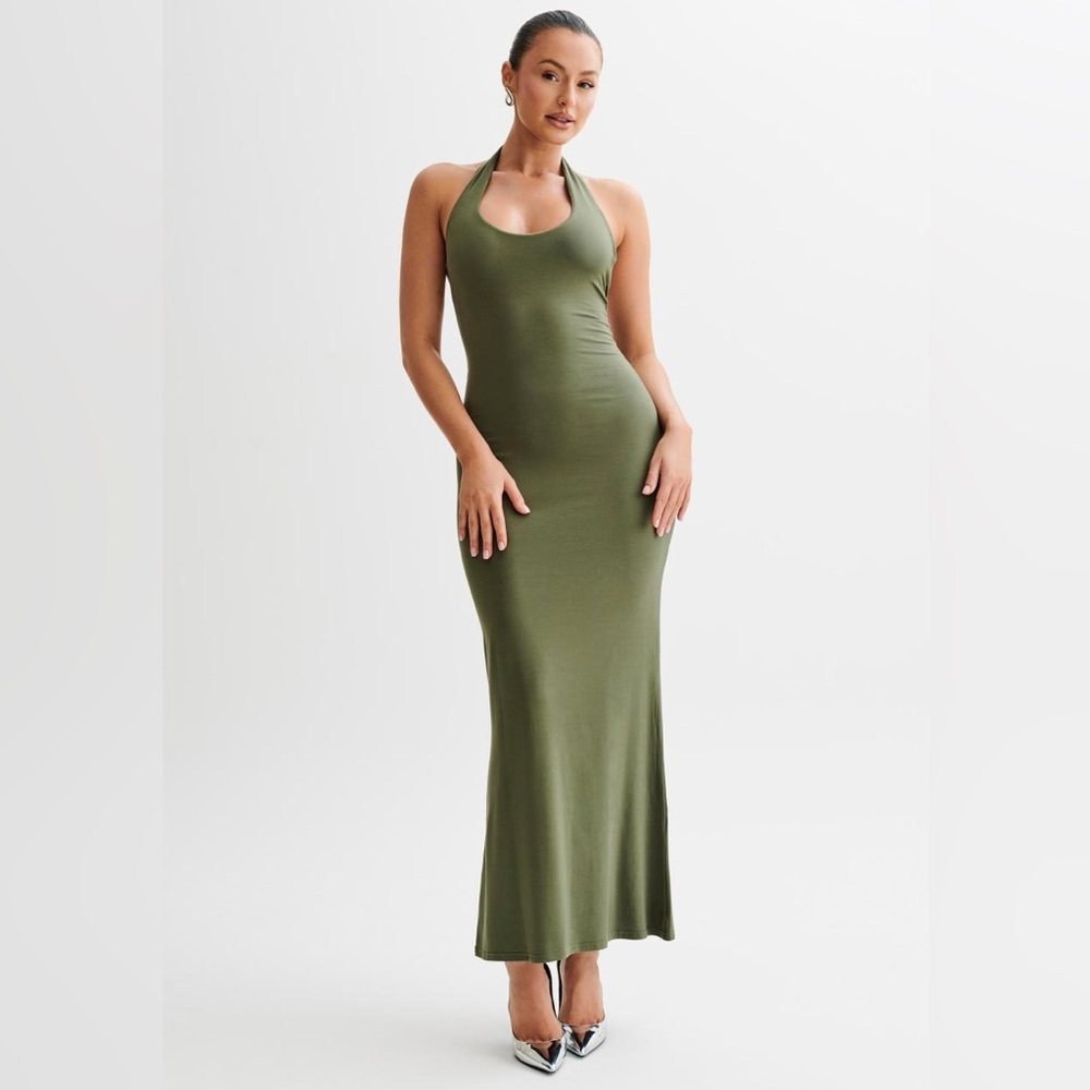 Elegant Olive Green Halter Maxi Dress